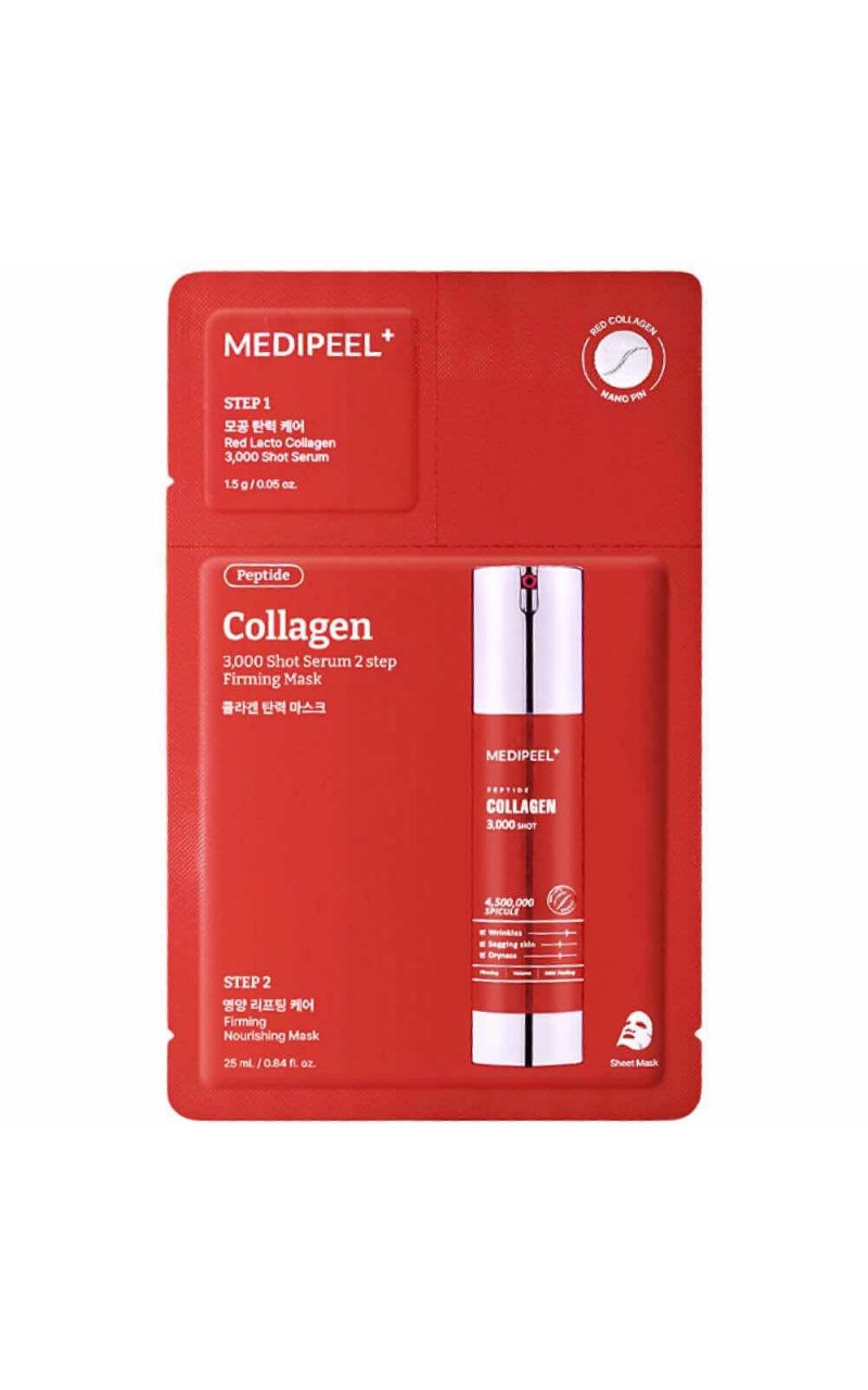 Kolajen ve Mikro iğneler içeren İki Fazlı Maske MEDIPEEL Red Lacto Collagen 3000 Shot Serum 2 Step Mask