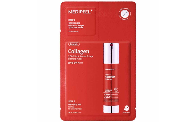 Kolajen ve Mikro iğneler içeren İki Fazlı Maske MEDIPEEL Red Lacto Collagen 3000 Shot Serum 2 Step Mask